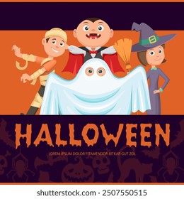 halloween poster. zombie ghost witch and vampire scary costumes for halloween party