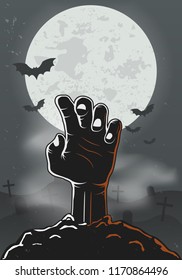 Halloween poster with zombie hand and bats. Halloween background. Poster template. Vector illustration