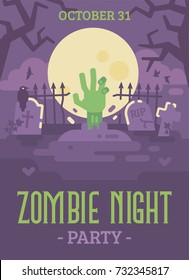 Halloween poster with zombie hand coming out of grave. Trick or treat. Zombie night party flat illustration banner