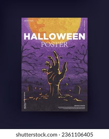 Halloween poster with a zombie hand sticking out of the ground in a cemetery on the background of a moon with bats.
