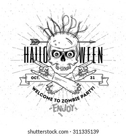 Halloween poster with zombie head and hand - line art vector illustration