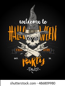 Halloween poster with zombie head in witch hat and severed hand - line art vector illustration with hand drawn brush calligraphy.