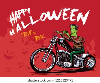 Halloween poster with zombie riding chopper motorcycle, vector illustration.