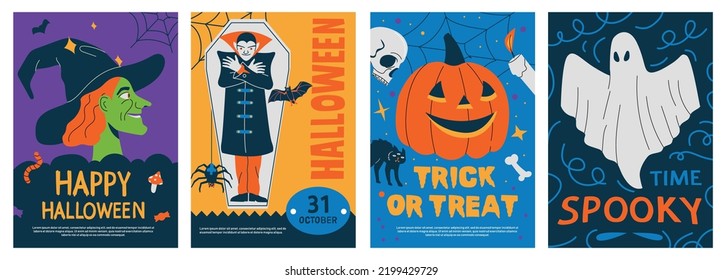 Halloween Posters. Abstract Art Prints Scary Traditional Symbols And Text, Autumn Costume Party Flyer Greeting Card Design. Vector Isolated Collection. Trick Or Treat Funny Holiday