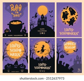 Carteles de Halloween, Anuncios, tarjetas, impresiones, colección de invitación con citas e ilustraciones de letras. EPS 10