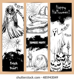 Halloween posters with black pencil sketch characters and elements. Scary death reaper in robe, cemetery tomb with zombie hand, spooky ghost with sinister smiling pumpkin. Retro style backgrounds