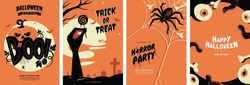 Halloween Posters Collection With Different Scary Illustrations In Orange And Black Colours. Creepy Halloween Greeting Card Design In A4 Size. Ideal For Party Invitation, Event, Social Media, Banner.