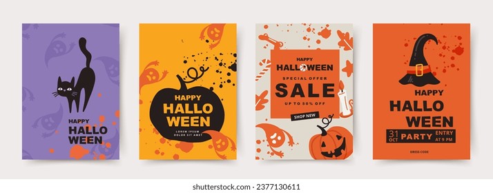 Halloween posters design with funny ghosts, cats, pumpkins. Template for greeting card, cover, sale banner, party invitation, flyer design, advertisement, social media background