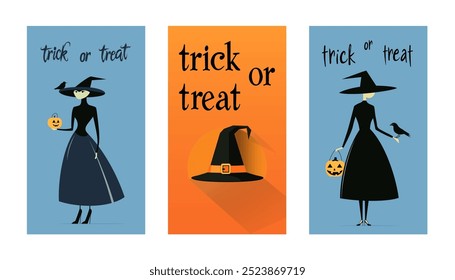 Conjunto de carteles o volantes de Halloween. Estilo plano. Conjunto de Vector para postal, volante, Anuncios.