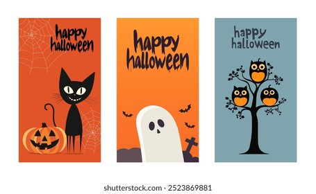 Halloween Poster oder Flyer Set. Flacher Stil. Vektorgrafik-Set für Postkarte, Flyer, Banner.