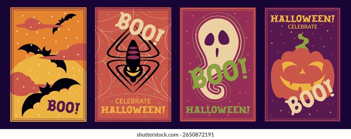 Halloween posters with holiday spooky symbols, pumpkin, bats, ghost and spider on the web. Creepy wallpapers, vector illustration for the Day of the Dead.