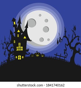 Halloween posters in the middle of a very scary night there is a big moon, castle, pumpkin and bats hanging from the tree