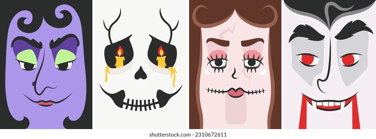 Halloween posters with monster faces. Holiday placards in flat style.