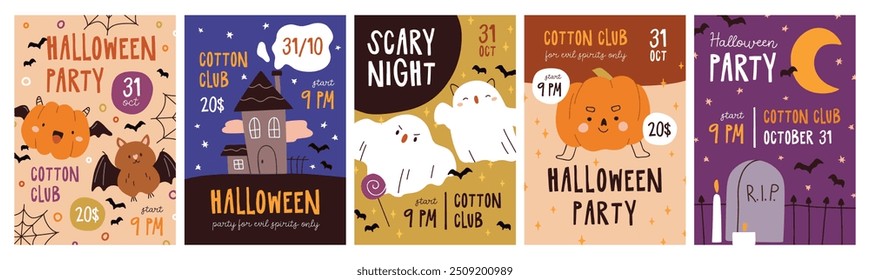 Halloween posters, promo cards set. Trick or Treat, festive flyer designs for October holiday celebration. Cute night party invitation templates with pumpkins, ghosts. Flat vector illustration