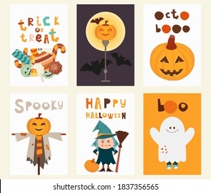 Halloween Posters Set. Cartoon Halloween Characters and Elements - Witch, Ghost, Scarecrow, Pumpkins, Bat, Jack-o-lantern. Kids Illustration for Greeting Card, Packaging. Vector Illustration.