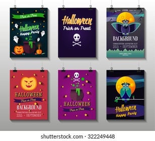 Halloween Posters set. Flat colorful illustration with pumpkin, ghost, skull with crossbones, owl, pot with potion, candies,moon. Card or invitation.