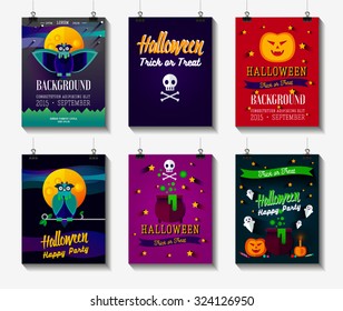 Halloween Posters set. Flat colorful illustration with pumpkin, ghost, skull with crossbones, owl, pot with potion, candies,moon. Card or invitation.