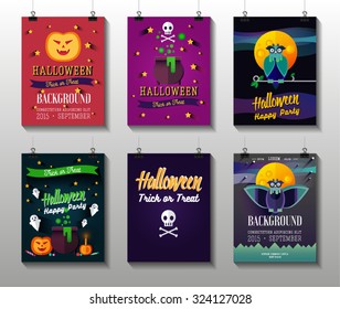 Halloween Posters set. Flat colorful illustration with pumpkin, ghost, skull with crossbones, owl, pot with potion, candies,moon. Card or invitation.