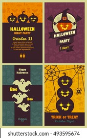 Halloween Posters set. Four vector illustrations with Halloween symbols - scary pumpkins, ghosts and spider.