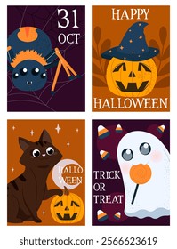 Halloween posters set. Ghost, spider, pumpkin with witch hat and cat. Scary and spooky characters. Autumn holiday of fear and horror. Flat vector collection isolated on white background