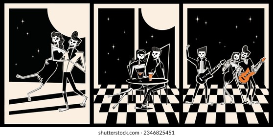 Halloween posters set with skeleton characters. Halloween party. Skeleton characters-dancing couple, flirting couple and rock band- in retro style of 60's-70's. Day of the Dead concept.