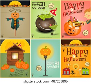 Halloween Posters Set. Symbols and Signs of October Halloween. Sweet Treats and Jack-o-lantern. Vector Illustration.