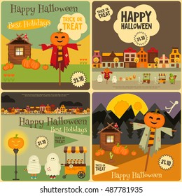 Halloween Posters Set. Symbols and Signs of October Holiday. Trick or Treat Objects and Jack-o-lantern. Vector Illustration.