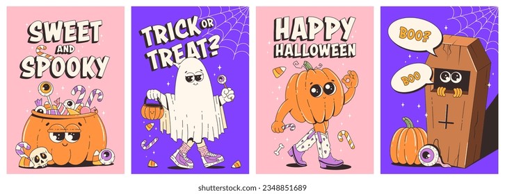 Halloween posters set. Trendy retro groovy style and funky characters in 70s-80s. Trick or treat, happy halloween, sweet and spooky. Funny vector flyer, cards.