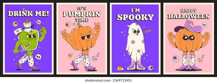 Afiches de Halloween puestos. Estilo moderno retro groovy y personajes divertidos en los años 70-80. Dulce o víbora, halloween feliz, dulce y espeluznante. Un divertido volante vectorial, tarjetas.