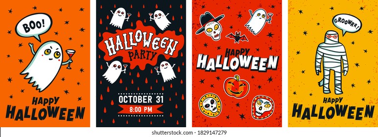 Halloween posters set. Vector collection of Halloween invitations or greeting cards. Flat cartoon style vector illustration