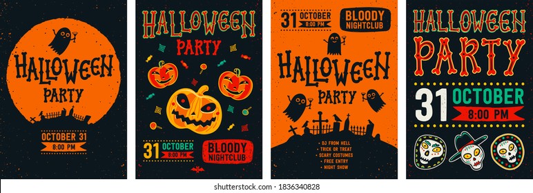 Halloween posters set. Vector collection of Halloween invitations or greeting cards. Flat cartoon style vector illustration