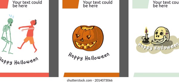 Halloween posters set. Vector illustration. Skeleton and zombies. Pumpkin with a smile, jack lamp. Skull and candle with dripping wax. Horror nightmares. Club party. Place for your text.