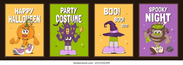 Halloween posters set.Creepy characters in the trendy groove style of the 70s and 80s. Happy halloween, boo, costume party.