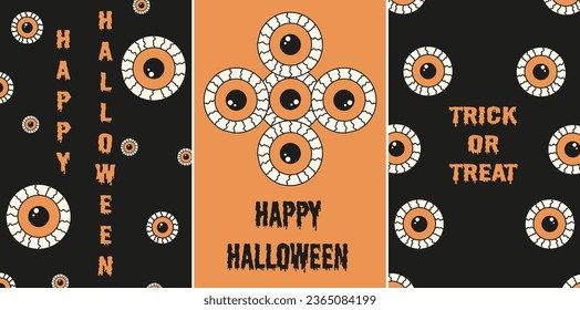 Halloween posters. Trendy retro Groovy style Helloween banner with evil eye in 70s-80s. Collection of Funny vector flyer, cards covers. Watchful. Vector illustration.