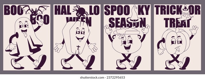 Halloween posters. Trendy retro groovy 70s-80s style in monochrome. Ghost, Coffin, Pumpkin, Potion. Modern vector posters.