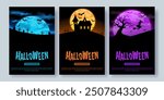 Halloween posters, web banners with silhouettes of graves, a cemetery, a castle, trees, bats and witches. Creative flat blue, orange, purple cards. Creepy, scary, spooky night concept. Vector template