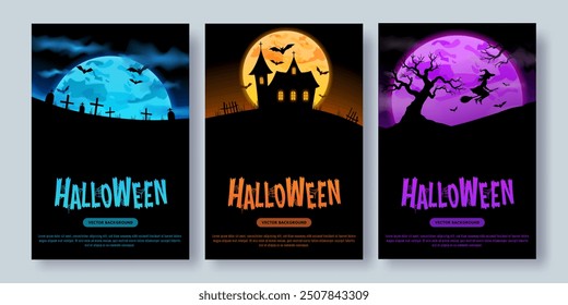 Carteles de Halloween, Anuncios de Web con siluetas de tumbas, un cementerio, un castillo, árboles, murciélagos y brujas. Tarjetas creativas azules, naranjas, moradas. Concepto de noche espeluznante, aterrador, espeluznante. Plantilla de Vector