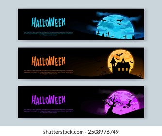 Cartazes de Halloween, web banners com silhuetas de túmulos, um cemitério, um castelo, árvores, morcegos e bruxas. azul criativo, laranja, cartões roxos, fundos. Conceito noturno assustador, assustador e assustador. 