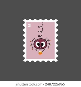 Halloween postmark vector flat Illustration. Retro Postage stamp with cute spider