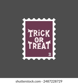 Halloween postmark Vector plano Ilustración. Sello de franqueo retro con tendencia quate Trick or Treat. Divertidos diseños de Vector de sello postal para usar en sobres. Concepto de correo y oficina de correos.