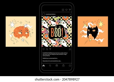 Halloween posts feed template with square season compositions. Trendy vector design. Bat mask, pumpkin mask, BOO! sticker. Mobile phone backgrounds.