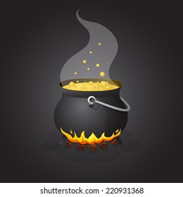 Halloween pot with boiling liquid on fire