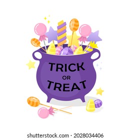 Halloween pot with candy. Trick or Treat text