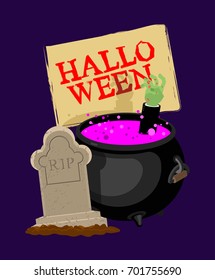 Halloween. Pot with magical potion and hand of zombie. grave and arm green corpse. Illustration for terrible holiday
