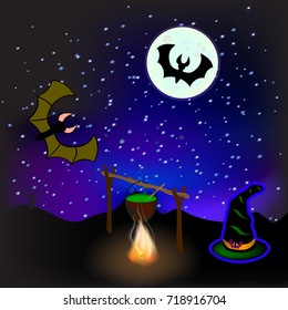 Halloween. Pot with a potion . Magic hat . Bat on moon background . Vector illustration