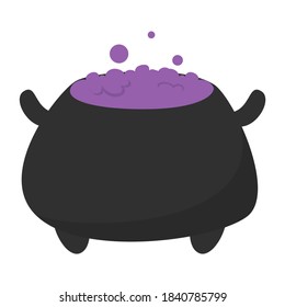 Halloween pot with violet potion vector isolated. Illustration of spooky october holiday element. Black cauldron full of poison, bubbles above the pot.