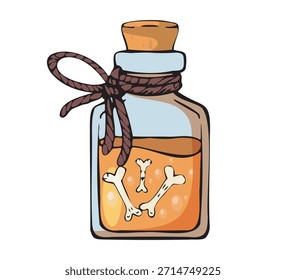 Botella de la poción de Halloween con los huesos y el lazo de la cuerda, estilo de la historieta