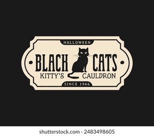 Halloween potion bottle label with black cat. Autumn season brewery drink bottle sticker, October horror holiday or Happy Halloween party beverage grunge vector label with scary black cat character