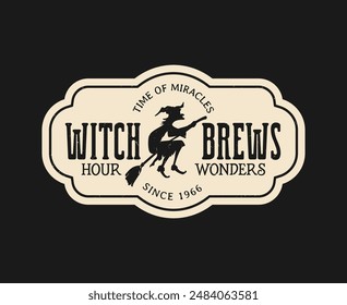 Halloween potion bottle label featuring a sinister black silhouette of a witch riding her broom. Isolated vector vintage eerie emblem, casting an enchanting and mysterious vibe for concoctions