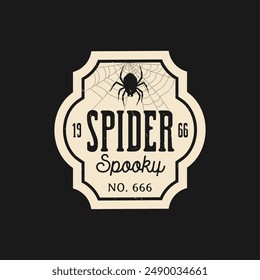 Etiqueta de botella de poción de Halloween. Aislado Vector vintage espeluznante emblema adornado con una araña siniestra y telaraña. Su estética espeluznante añade un toque de mística a la mezcla malvada para una exhibición inquietante